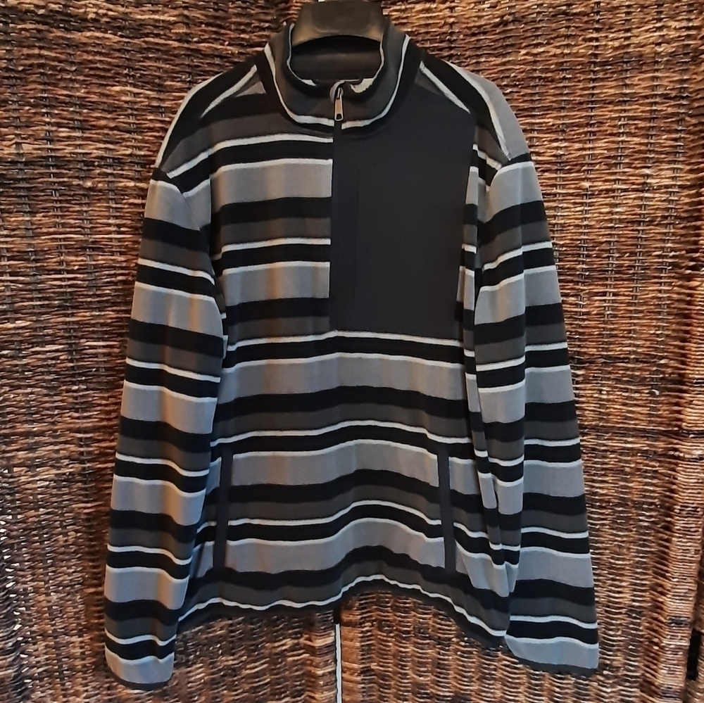 Duluth Trading Co. Mens Large Gray Checkpoint Striped Fleece Jacket 1/4 Zip Coat